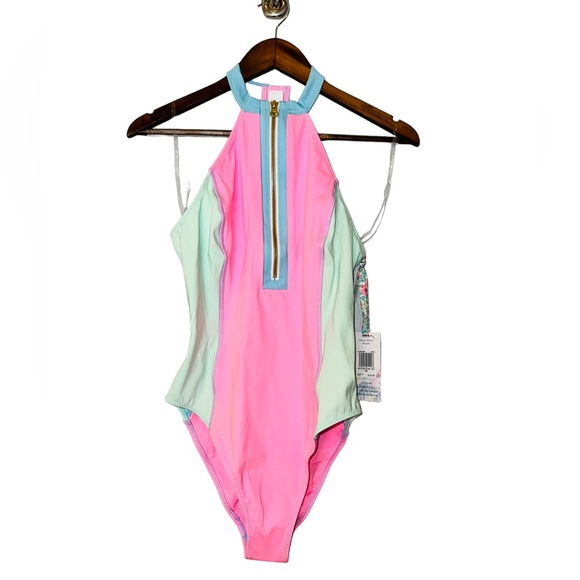 LoveShackFancy x Hurley Max Colorblock Halter Zip High Cut One Piece Swimsuit - Picture 2 of 16